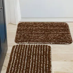 Saral Home Set Of 2 Brown & Grey Striped Furry Soft Microfiber Anti-Skid Bathmat-18