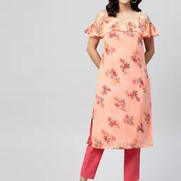 Jompers Women Orange Floral Printed Off-Shoulder Cold-Shoulder Sleeves Kurta-image-26