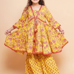 Bitiya by Bhama Girls Floral Print Sequinned Anarkali Pure Cotton Kurta with Sharara-picture-56