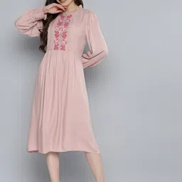 SCOUP Pink Embroidered Yoke Design Ruffle A-Line Midi Dress-image-64