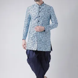 DEYANN Men Turquoise Blue & Navy Blue Ethnic Motifs Printed Sherwani With Dhoti Pants-picture-36
