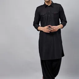VASTRAMAY Shirt Collar Roll Up Sleeves Pathani Kurta with Patiala-image-18