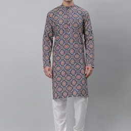 NEUDIS Men Blue & Red Ethnic Motifs Cotton Floral Print Kurta-12