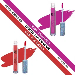 KINDED Set Of 2 Vitamin E Enriched Matte Liquid Lip Colour Lipstick - 6 ml Each - More Magenta 02 & Vermilion Red 03-11