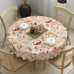 Clasiko Cream & Pink 4-Seater Floral Cotton Round Table Cover-50
