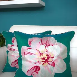 TARA- Sparkling Homes Sea Green & Pink Set of 2 Embroidered Square Cushion Covers-23
