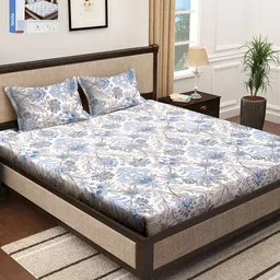 KLOTTHE White & Blue Floral 300 TC Double King Bedsheet With 2 Pillow Covers-image-35