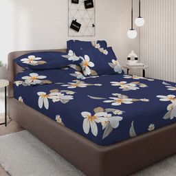 KLOTTHE Blue Floral Printed 300TC Double King Flat Bedsheet With 4 Pillow Covers-image-4
