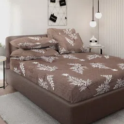 KLOTTHE Brown & White Floral Printed 300TC Double King Bedsheet With 4 Pillow Covers-8