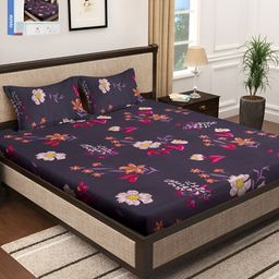 KLOTTHE Purple & Red Floral 300 TC Double King Bedsheet With 2 Pillow Covers-image-63
