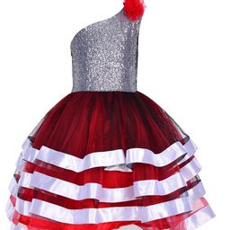 Samsara Couture Girls Maroon & White One Shoulder Layered Satin Gown-image-18