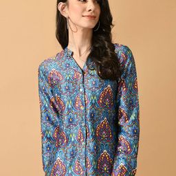 KALINI Ethnic Motifs Printed Mandarin Collar Satin Shirt Style Top-image-3