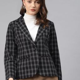 Cottinfab Women Black & White Checked Regular Fit Single Breasted Blazer-46