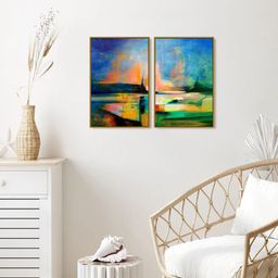 999Store Set Of 2 Blue & Orange Printed Landscape Abstract Painting Wall Art-30