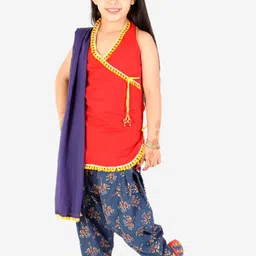 KID1 Girls Red & Blue Angrakha Pure Cotton Kurta with Patiala & Dupatta-image-64