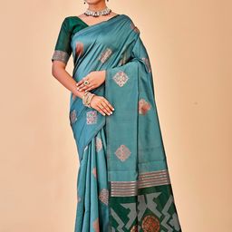 Anouk Turquoise Blue & Green Ethnic Motifs Woven Design Saree-image-3