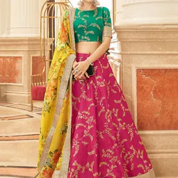 FABPIXEL Pink & Yellow Embroidered Semi-Stitched Lehenga & Unstitched Blouse With Dupatta-picture-47