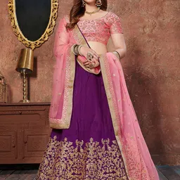 FABPIXEL Purple & Pink Embroidered Bridal Lehenga Choli Set With Dupatta-picture-39