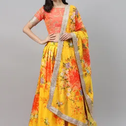 FABPIXEL Floral Printed Thread Work Semi-Stitched Organza Lehenga Choli With Dupatta-5