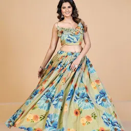 SHOPGARB Sea Green & Orange Printed Semi-Stitched Lehenga & Unstitched Blouse With Dupatta-image-57