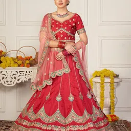 Warthy Ent Maroon & Gold-Toned Embroidered Thread Work Semi-Stitched Lehenga & Unstitched Blouse With-14