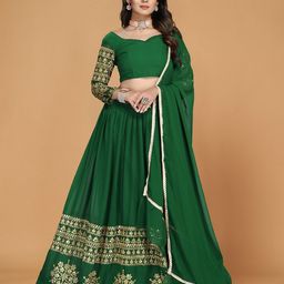 Nityanta Fab Green & Gold-Toned Embroidered Patchwork Semi-Stitched Lehenga & Unstitched Blouse With Dupatta-5