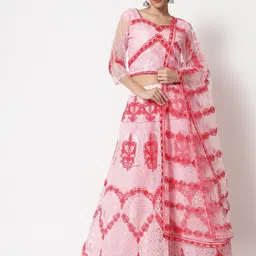 Warthy Ent Pink & Red Embroidered Thread Work Semi-Stitched Lehenga & Unstitched Blouse With Dupatta-19