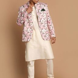 VASTRAMAY Men Cream-Coloured Kurti with Churidar & With Nehru Jacket-20