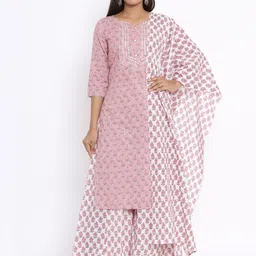 MIRAVAN Women Pink Floral Printed Gotta Patti Pure Cotton Kurti with Palazzos & With Dupatta-image-50