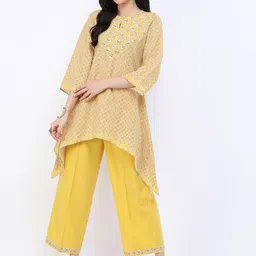 Vishudh Women Mustard Yellow Floral Printed Layered Kurti with Palazzos-picture-7
