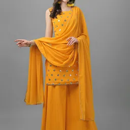 ASPORA Women Yellow Ethnic Motifs Embroidered Sequinned Kurti with Sharara & With Dupatta-picture-22