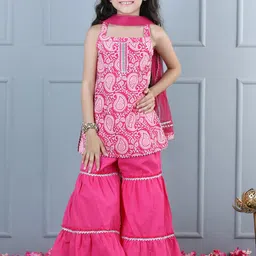 AWW HUNNIE Girls Paisley Printed Regular Pure Cotton Kurti With Sharara & Dupatta-picture-24