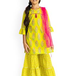 Campana Girls Lime Green Floral Printed Pure Cotton Kurta with Sharara & With Dupatta-image-43
