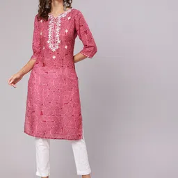 Jaipur Kurti Women Red Floral Embroidered Mirror Work Silk Blend Kurta with Trousers-47