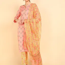 AHIKA Women Peach-Coloured Floral Printed Kurta with Trousers & With Dupatta-image-10
