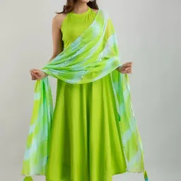 Meeranshi Women Fluorescent Green Embroidered Panelled Kurta with Trousers & With Dupatta-picture-7