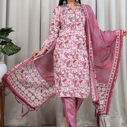 KALINI Floral Printed Regular Chanderi Cotton Kurta With Trousers & Dupatta-1