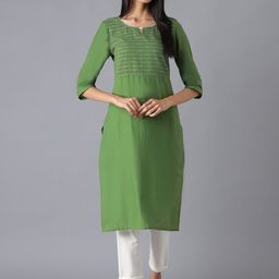 AURELIA Women Green Striped Pure Cotton Kurta with Trousers-17