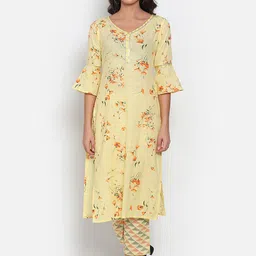 MARC LOUIS Women Yellow & Orange Floral Printed Panelled Pure Cotton Kurta With Trousers-image-25