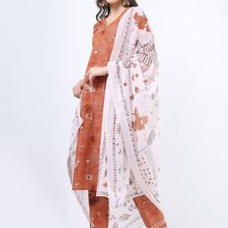 Vishudh Rust Floral Pure Cotton Kurti With Trousers & With Dupatta-image-24