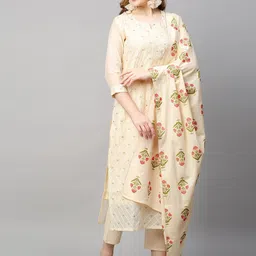 KALINI Women Cream-Coloured Floral Printed Straight Kurta with Trousers & With Dupatta-14