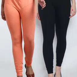 GRACIT Women Pack Of 2 Black & Peach Solid Churidar Length Leggings-image-26