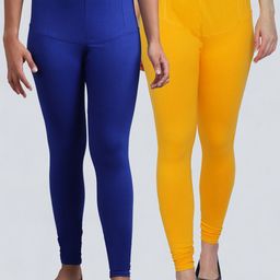 GRACIT Women Pack Of 2 Blue & Yellow Solid Cotton Churidar Length Leggings-image-100