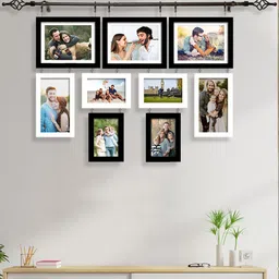 Art Street Set Of 9 White & Black Acrylic Wall Hanging Photo Frame With Hanging Rod-18