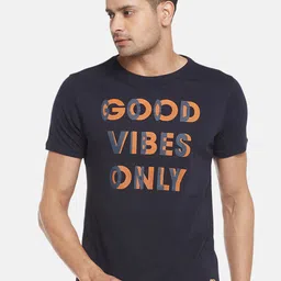 Ajile by Pantaloons Men Navy Blue Typography Printed Pure Cotton Slim Fit T-shirt-image-80