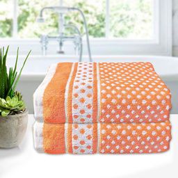 Kuber Industries Set of 2 Orange & White Printed 400 GSM Pure Cotton Bath Towels-16