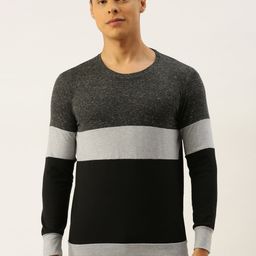 Campus Sutra Men Black  Grey Colourblocked Round Neck Pure Cotton Bio-Wash Pure Cotton T-shirt-image-45