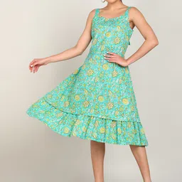 VAHSON Floral Printed Ruffled Flounce A-Line Cotton Dress-image-18