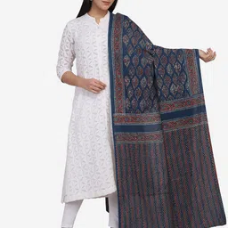 THE WEAVE TRAVELLER Blue & Red Ethnic Motifs Printed Pure Cotton Block Print Dupatta-53