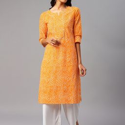 FERANOID Women Yellow & White Leheriya Printed Gotta Patti Cotton Kurta-picture-12